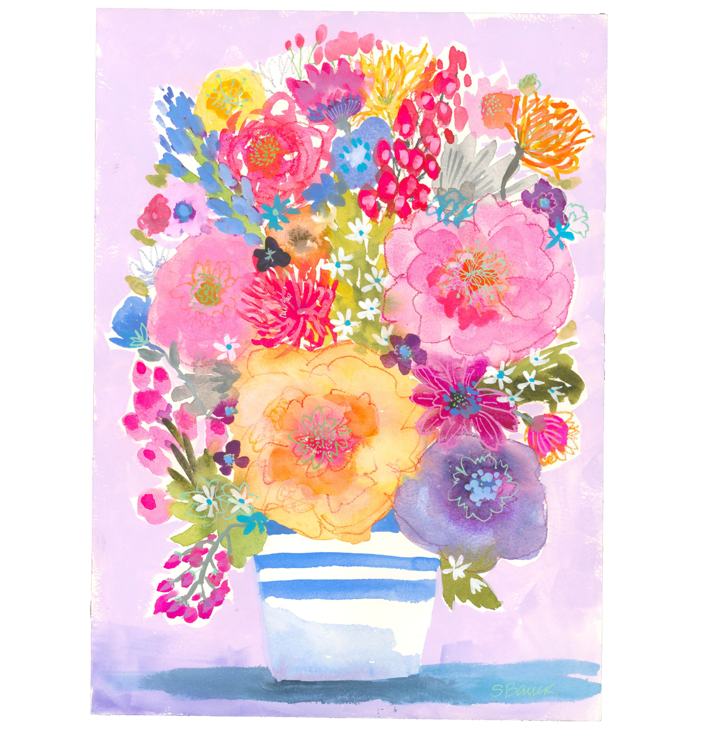 Colorful floral arrangement in a striped vase on a light purple background