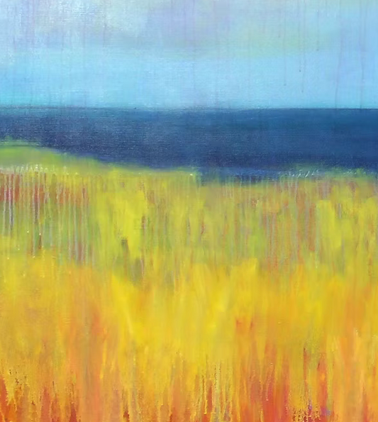 Abstract painting with blue, yellow, and orange colors