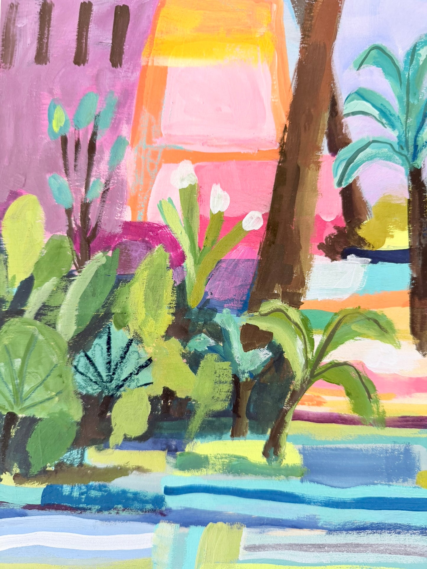 Colorful abstract painting of a garden with trees and flowers.
