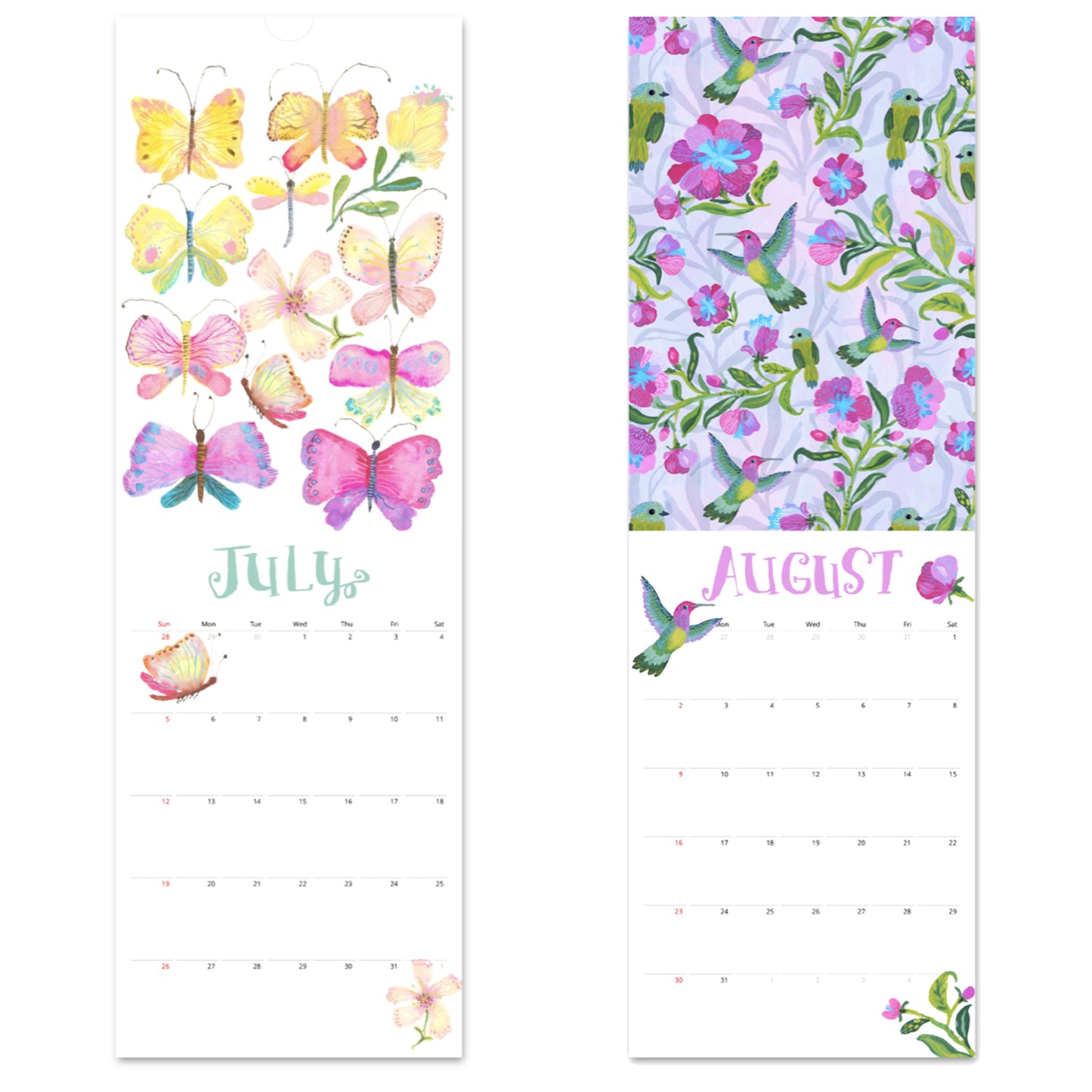 July and August 2026 calendar pages with colorful animal art and birds and butterflies