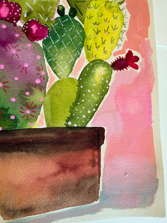 Colorful watercolor painting of a potted cactus with pink and red flowers on a textured background.