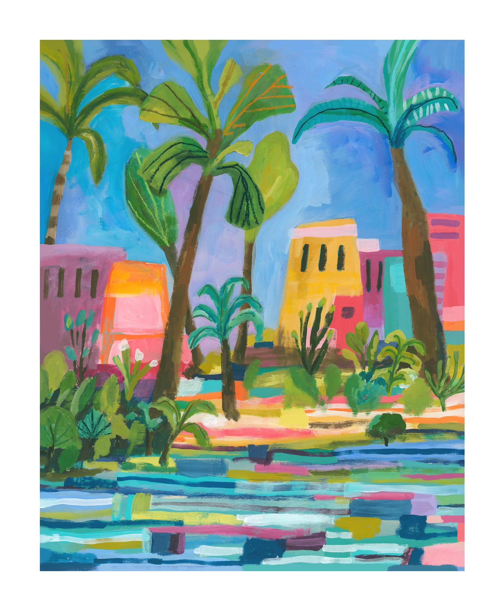 Colorful painting of palm trees and buildings by a body of water