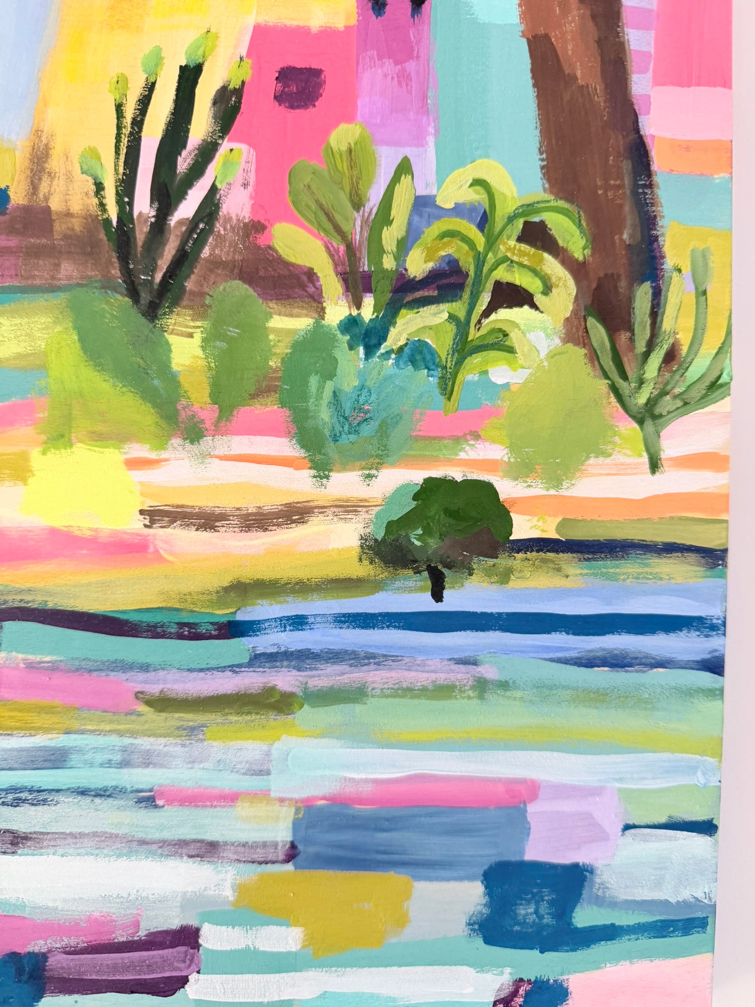 Colorful abstract landscape with trees and water
