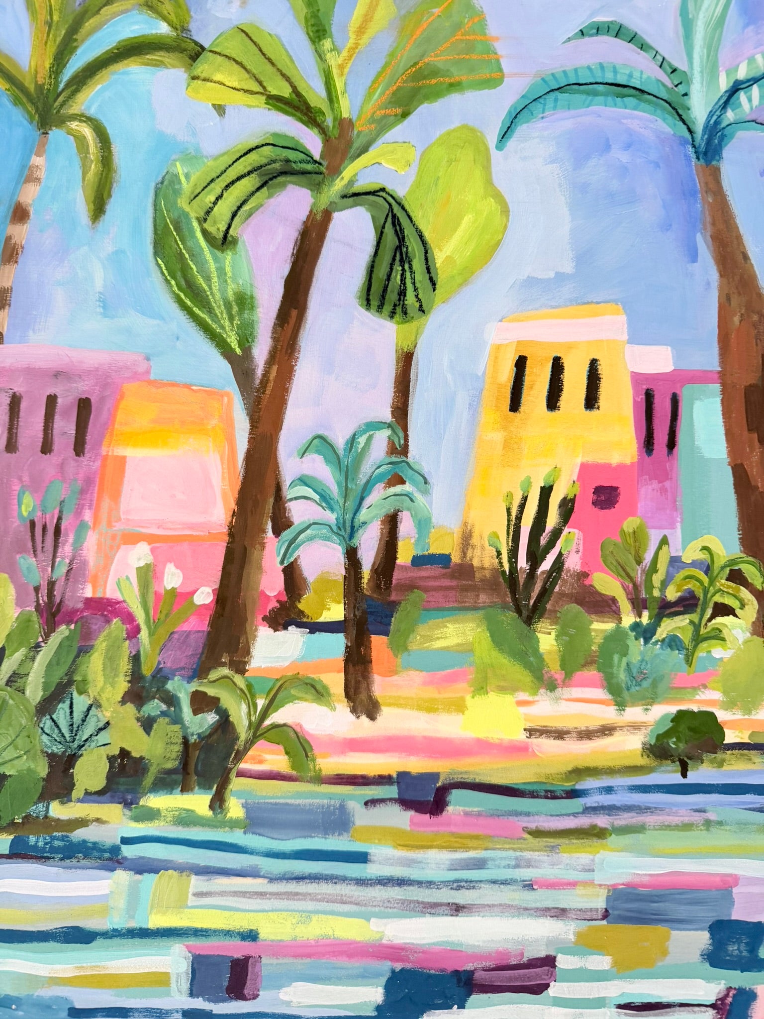 Colorful illustration of a tropical scene with palm trees and buildings.