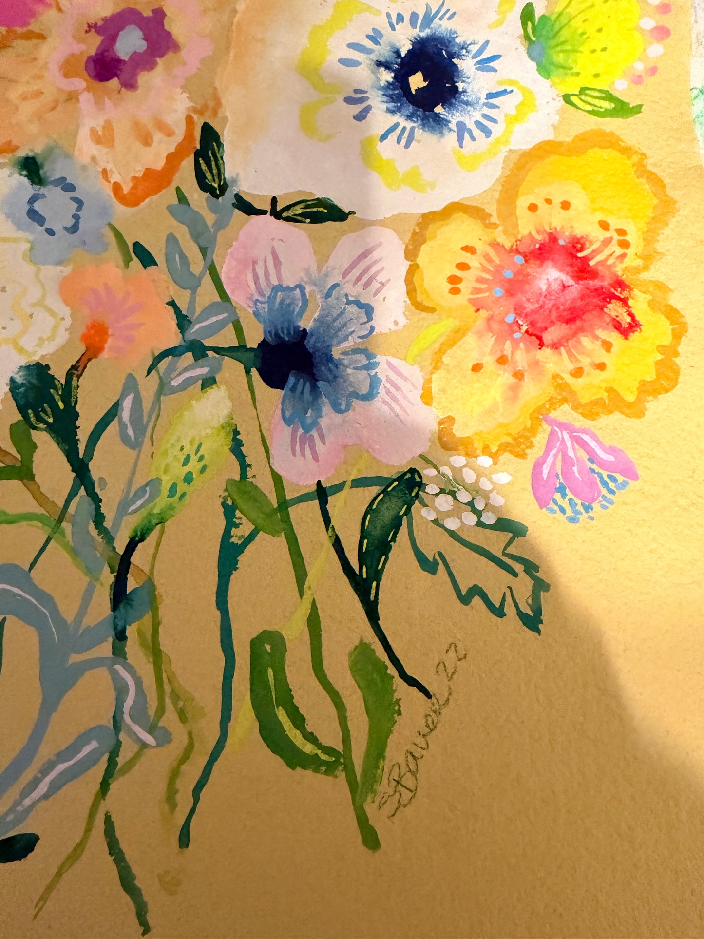 Colorful floral painting on a beige background