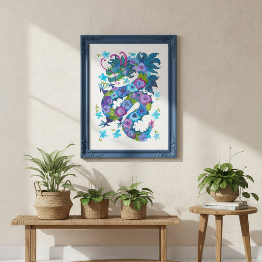 Colorful dragon illustration with floral elements on a white background