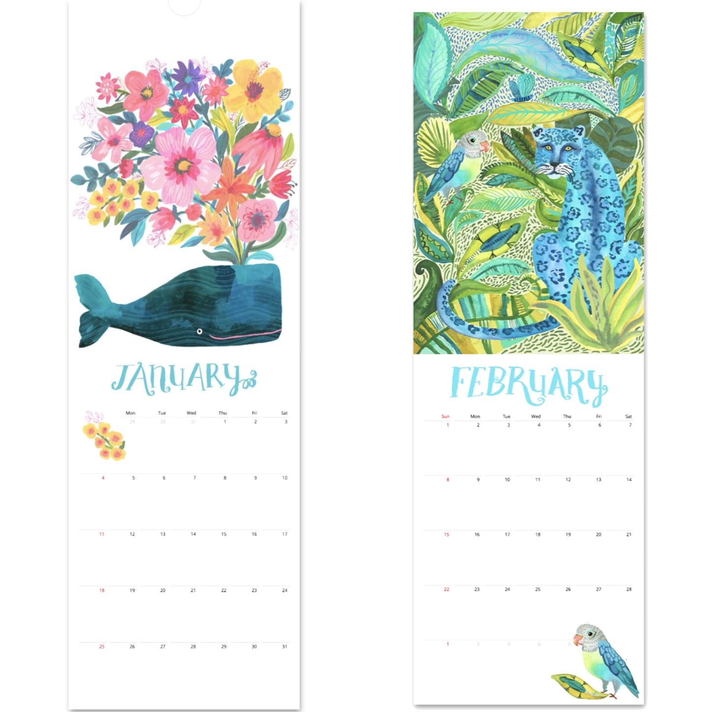 two calendar pages with a whale spouting flowers ans a leopard in a jungle with a parrot