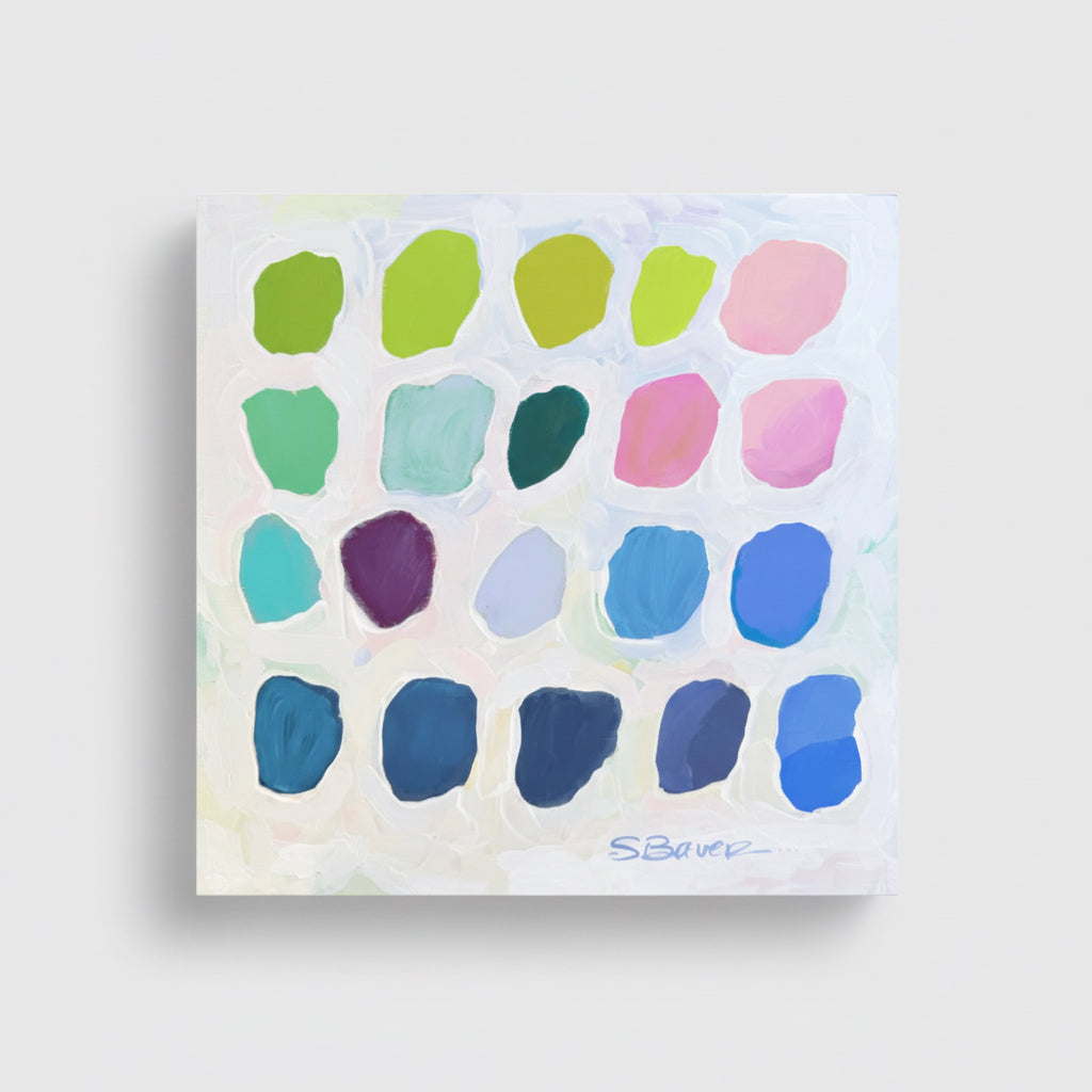 Color swatches arranged in a grid on a white background, signed 'S. Bauer'.