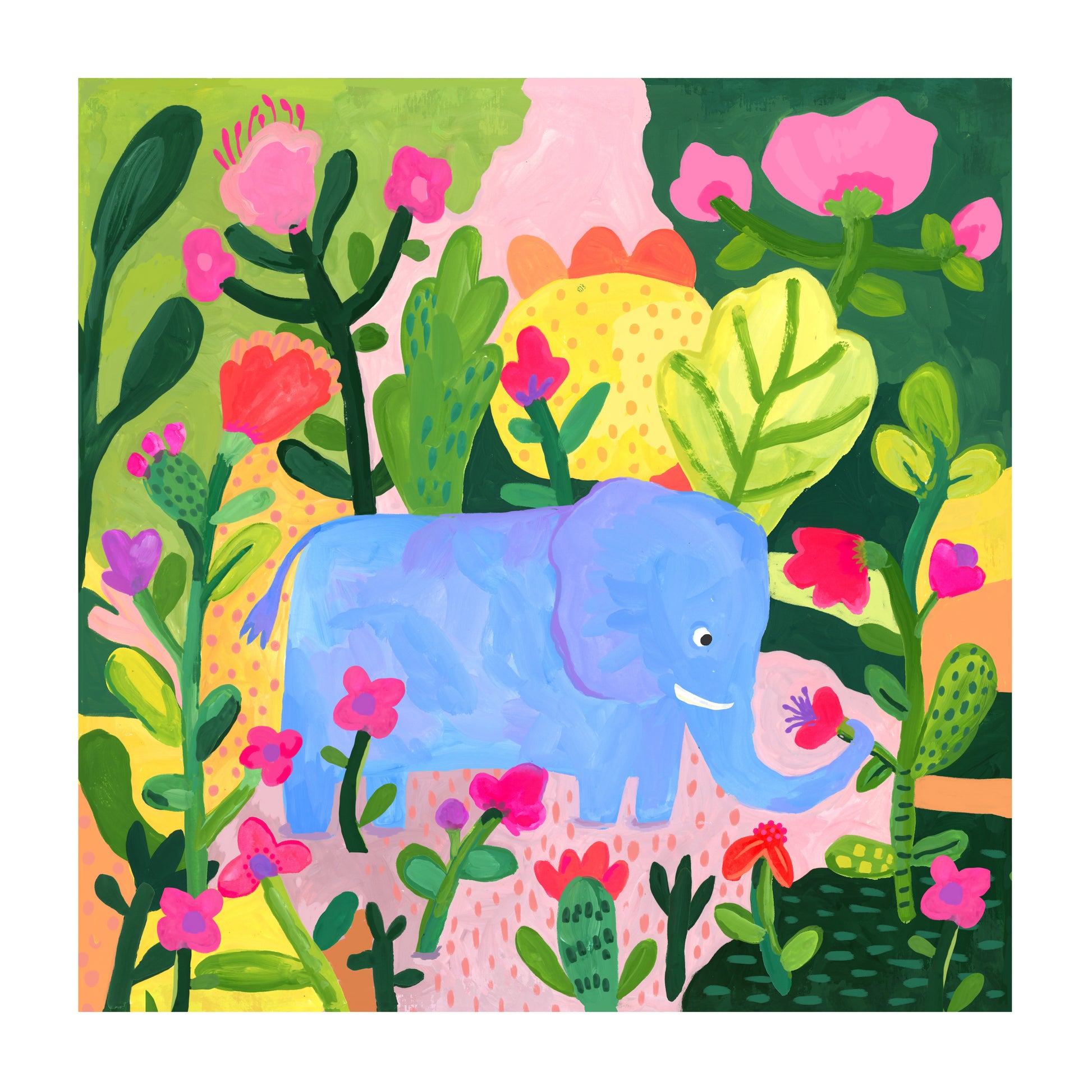 Colorful illustration of an elephant in a jungle with flowers and plants.