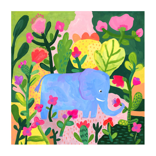 Colorful illustration of an elephant in a jungle with flowers and plants.