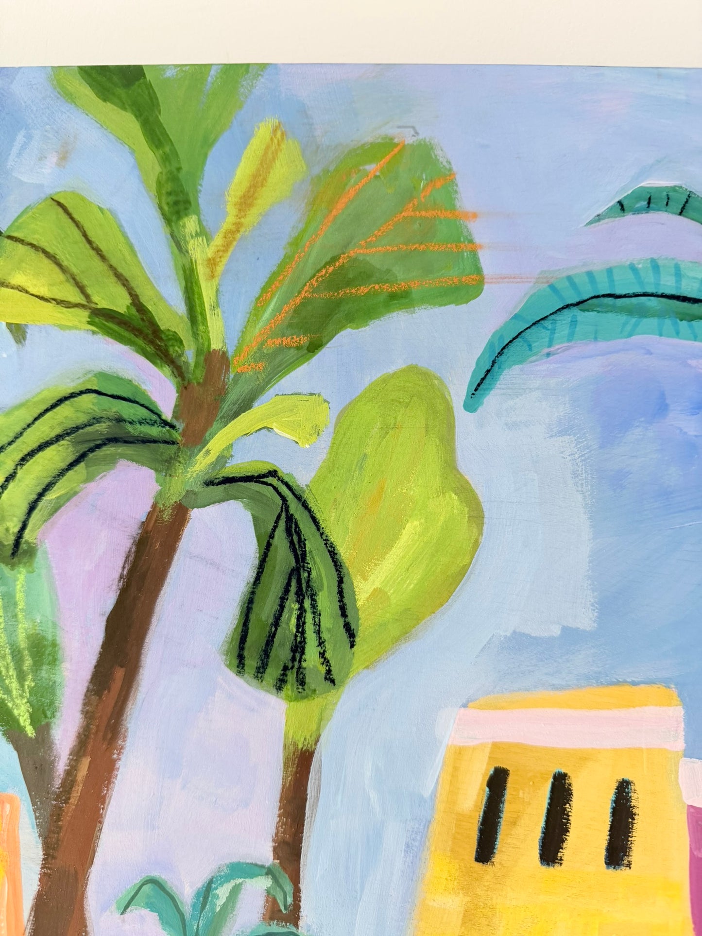 Colorful illustration of a tropical scene with palm trees and a blue sky.