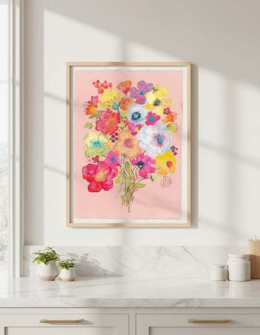 Colorful floral bouquet on a pink background