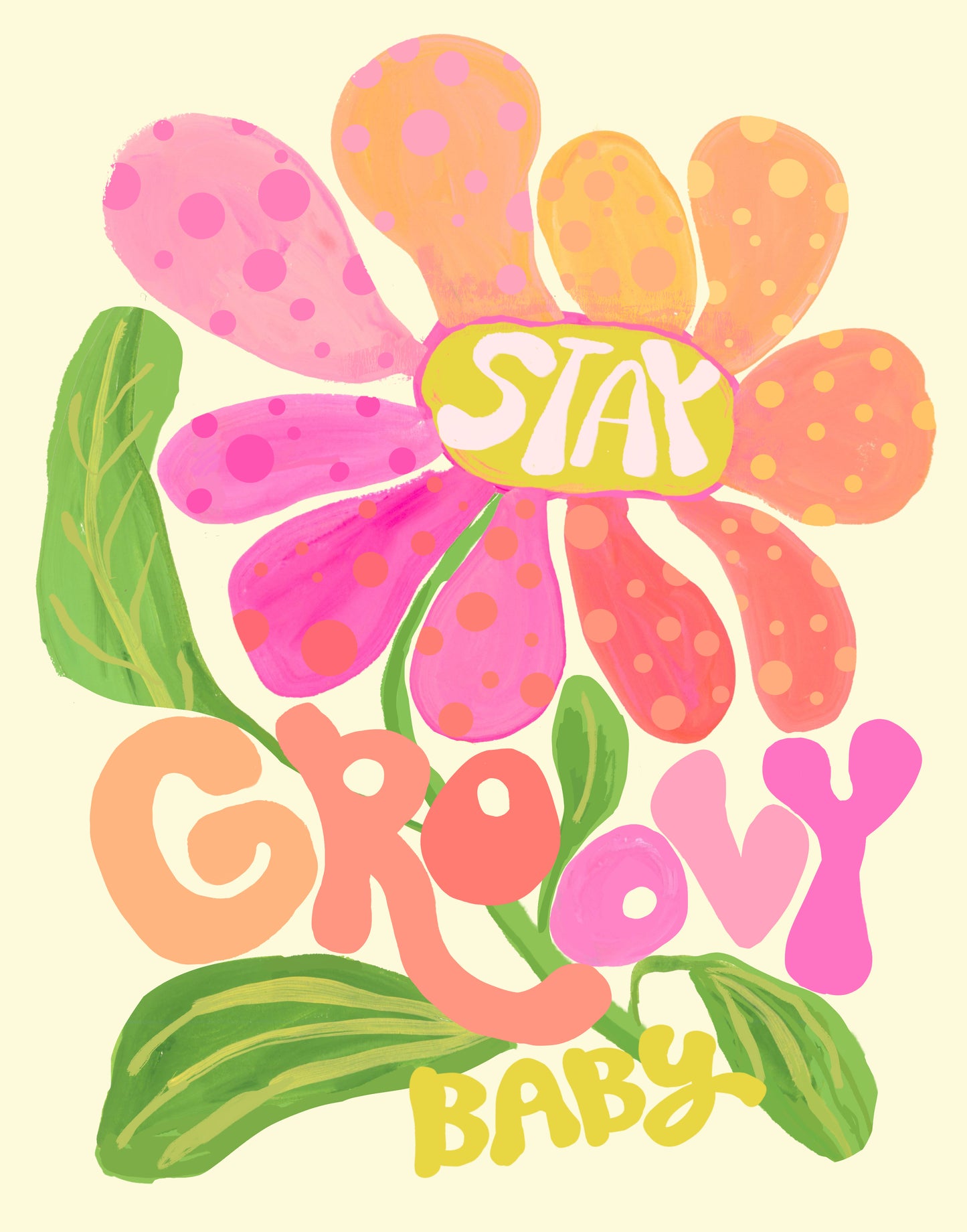 Colorful flower graphic with 'Stay Groovy Baby' text on a beige background