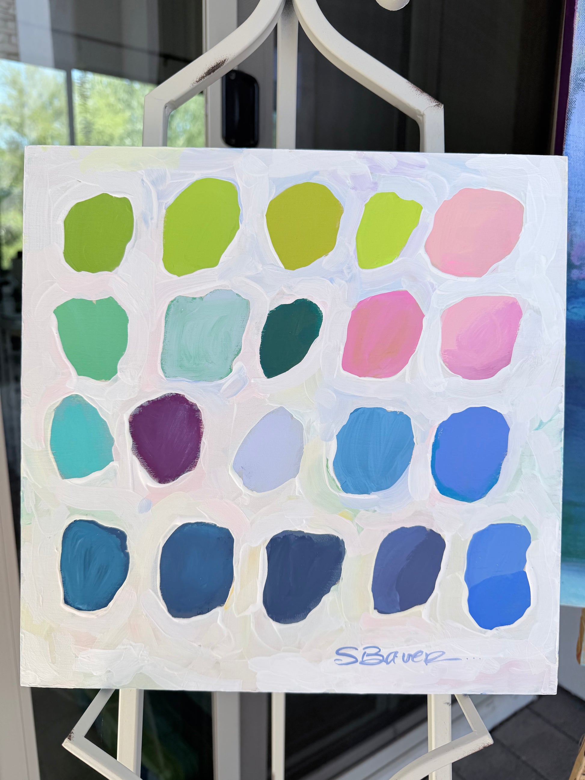 Color swatch sheet with various colored patches on a white background