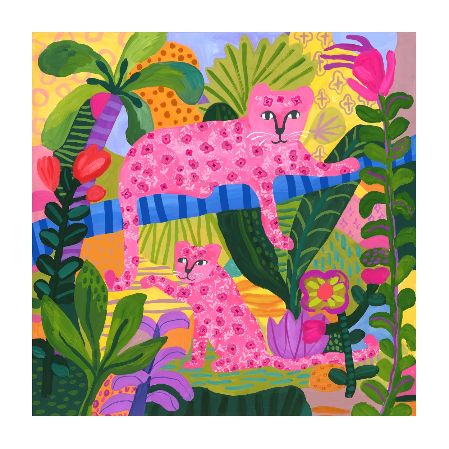 Colorful illustration of pink leopards in a jungle setting with vibrant plants and patterns.