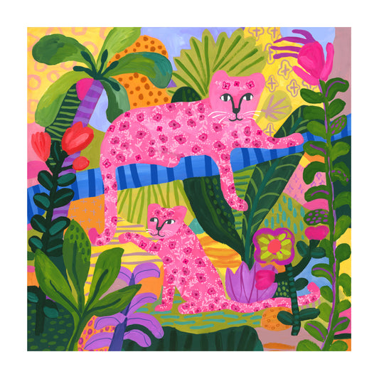 Colorful illustration of pink leopards in a jungle setting with vibrant plants and patterns.