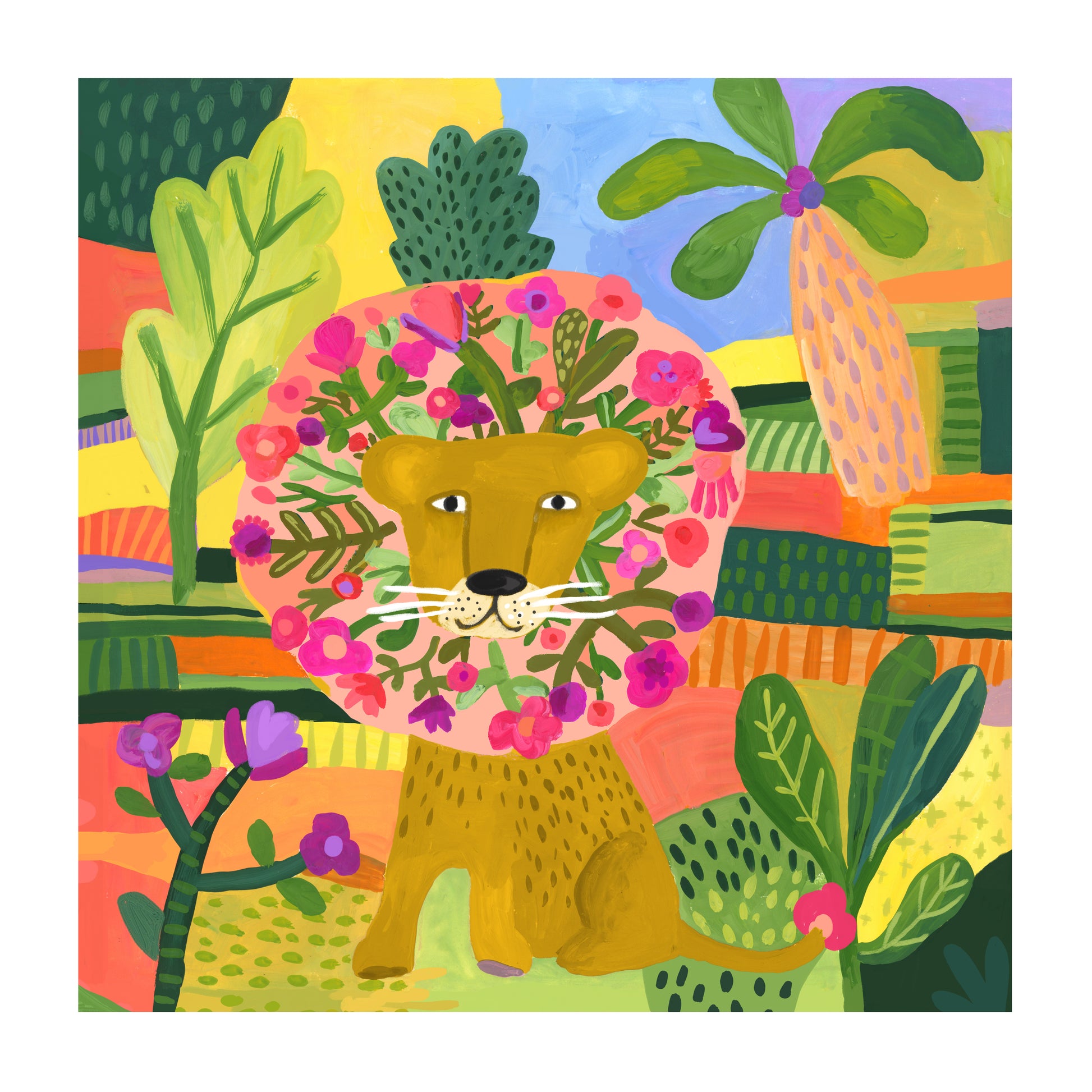 Colorful illustration of a lion surrounded by flowers and plants