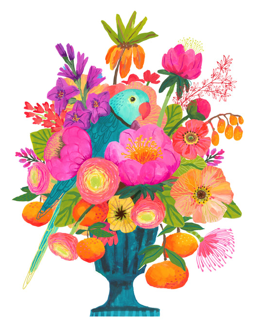 Colorful illustration of a parrot among flowers and fruits on a white background