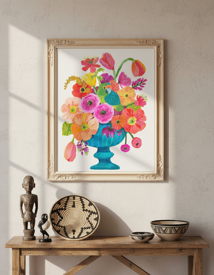 Colorful floral arrangement with a parrot in a blue vase on a white background