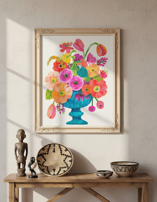 Colorful floral arrangement with a parrot in a blue vase on a white background