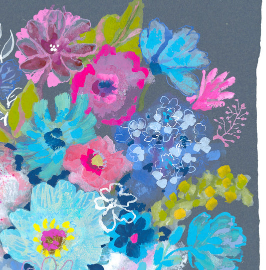 Colorful floral flowers on a blue grey background