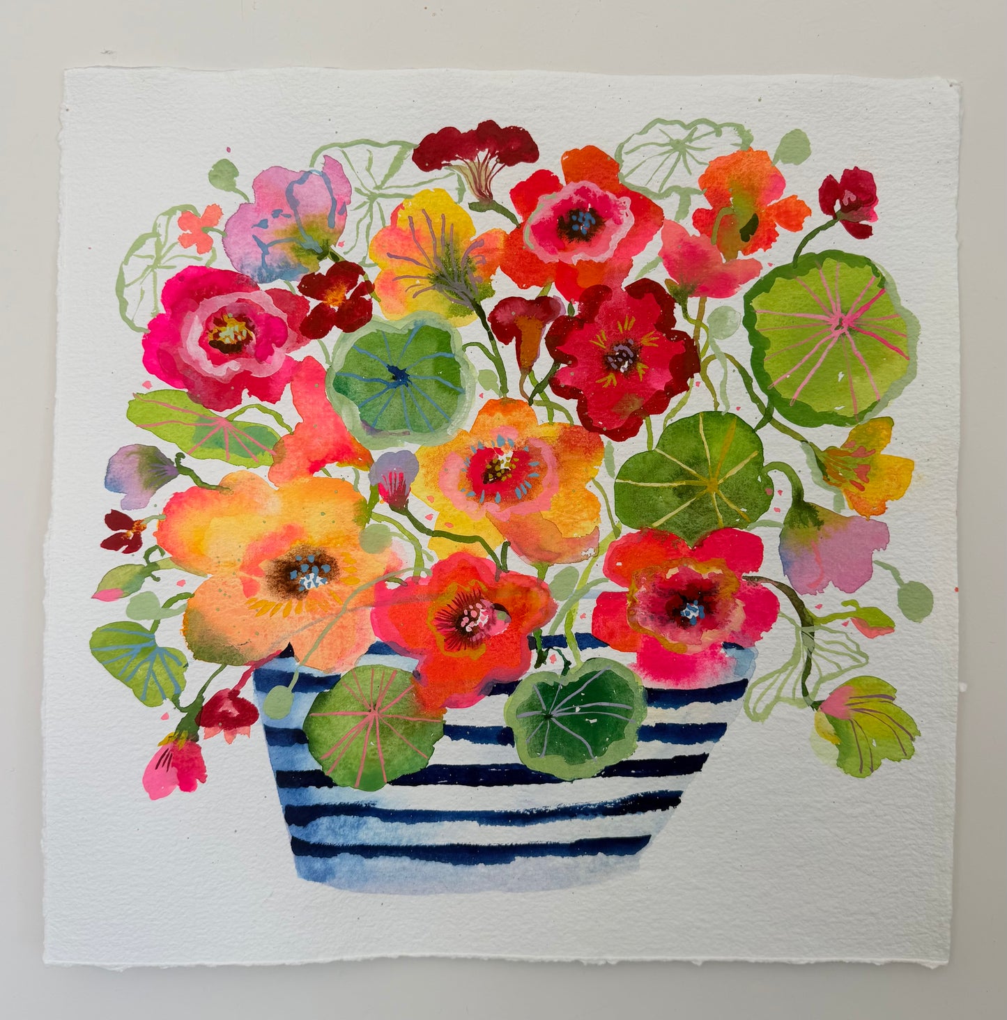 Colorful floral painting of nasturtiums  in a striped pot on a white background