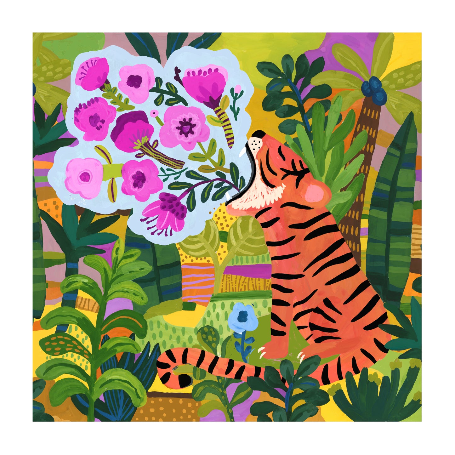 Colorful illustration of a tiger among flowers and foliage and roaring flowers