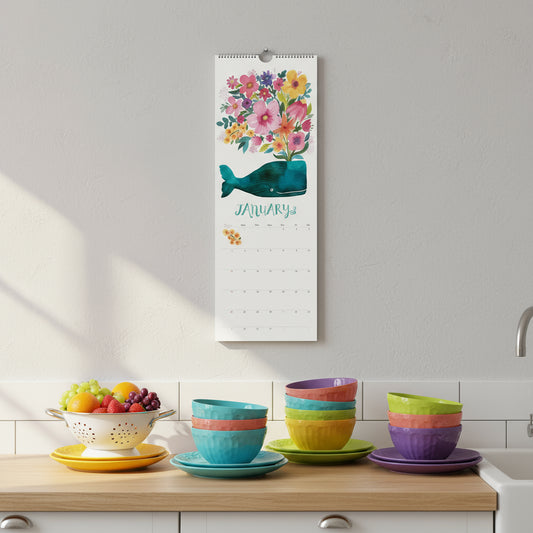 Whale calendar page on a grey wall