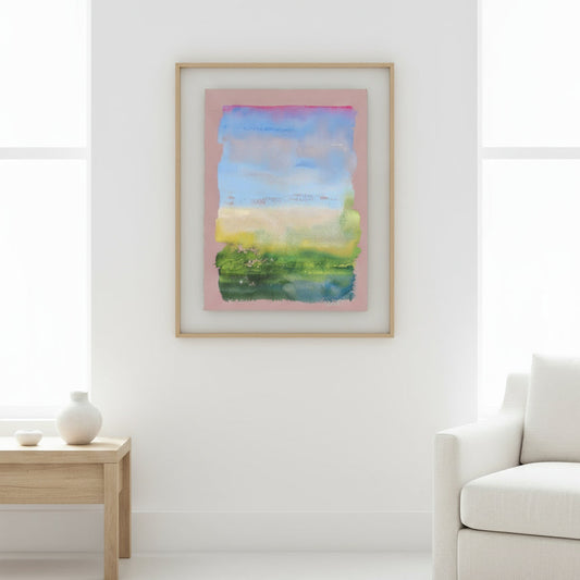 Abstract watercolor painting with a gradient of blue, green, and pink on a pink background