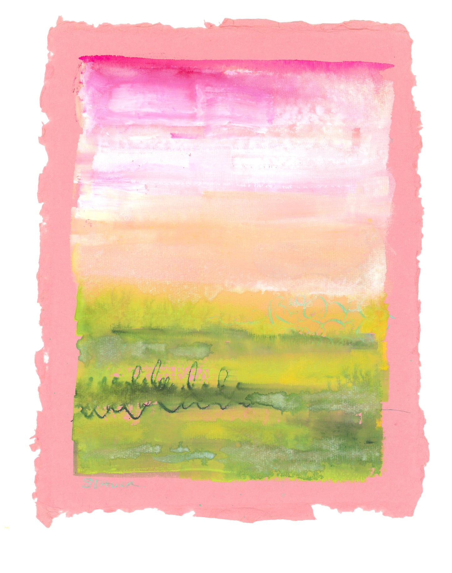 Colorful abstract painting with a pink border and text overlay on a white background