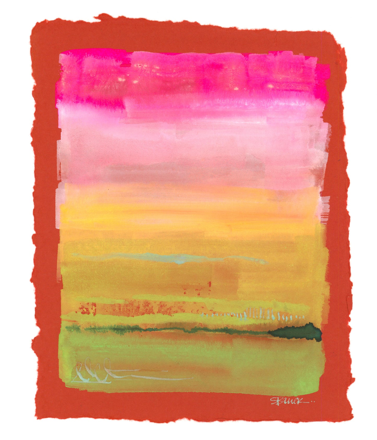Colorful abstract landscape painting on red paper with deckle edes
