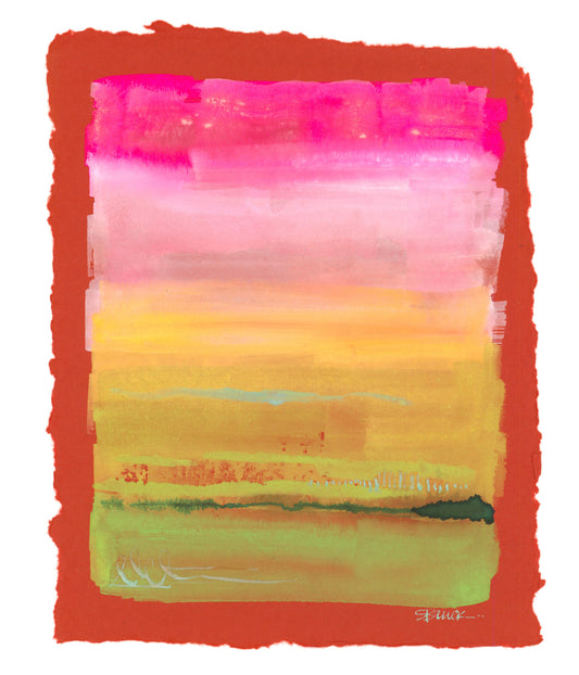 Colorful abstract landscape painting on red paper with deckle edes