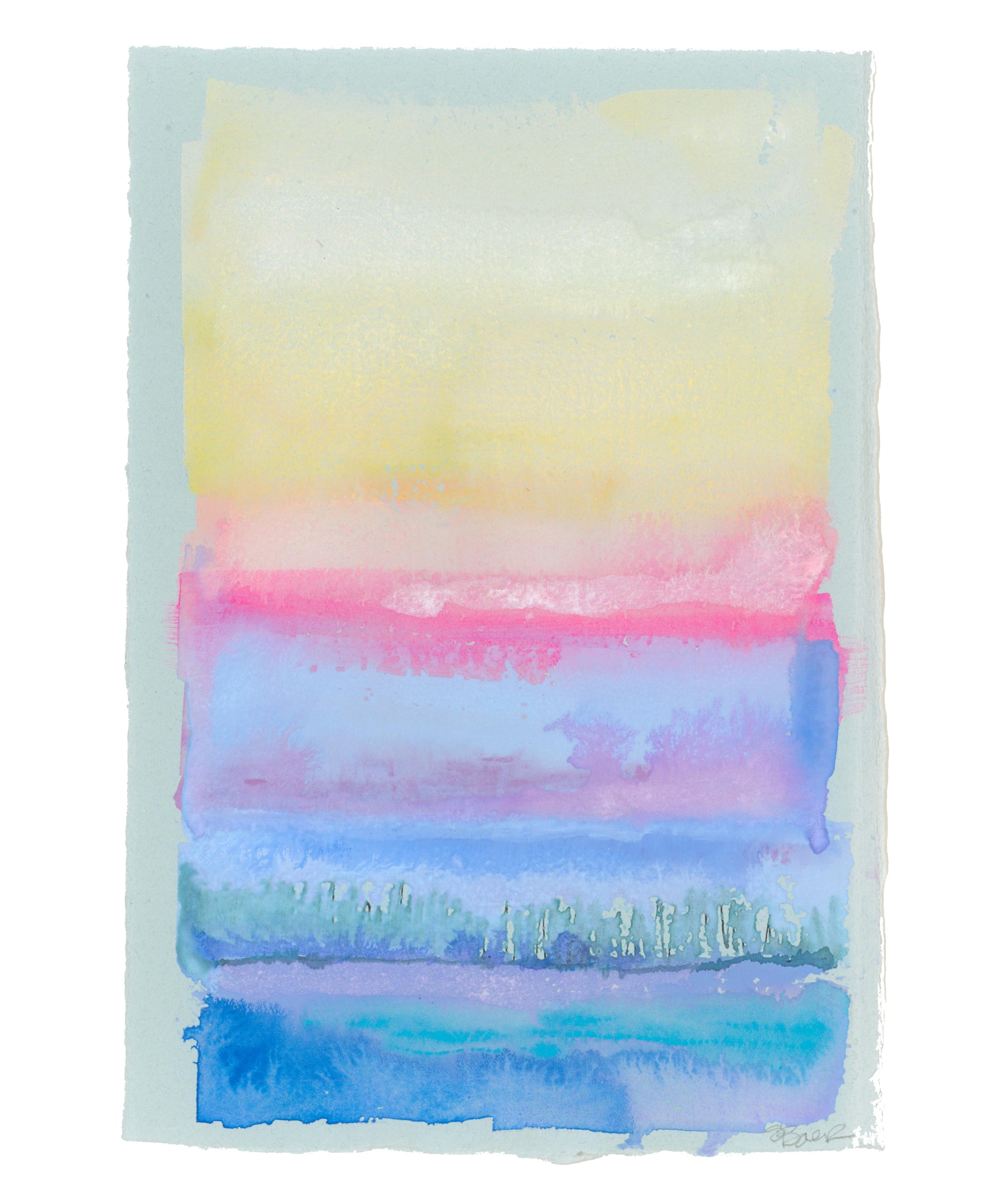 Colorful absrtact ocean watercolor painting with horizontal stripes on a white background