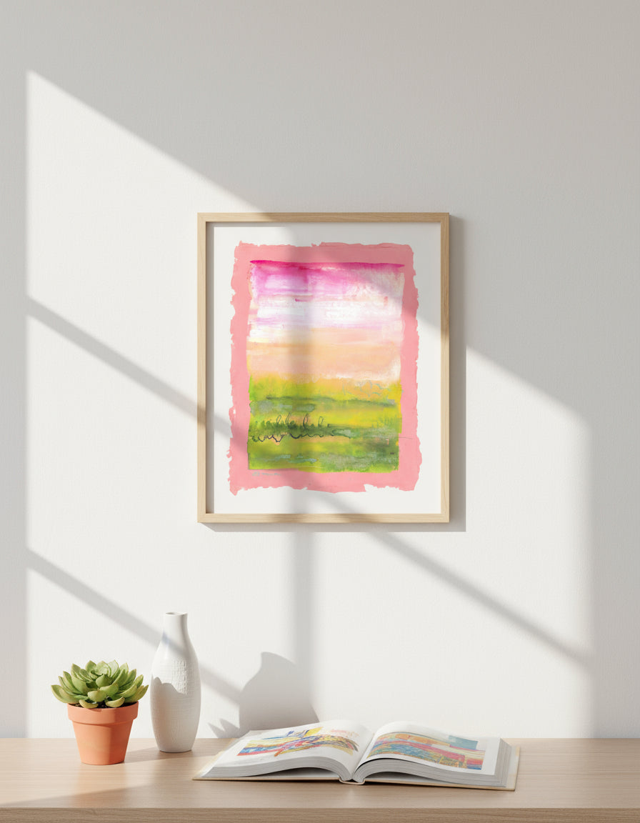 Colorful abstract painting with a pink border and text on a white background