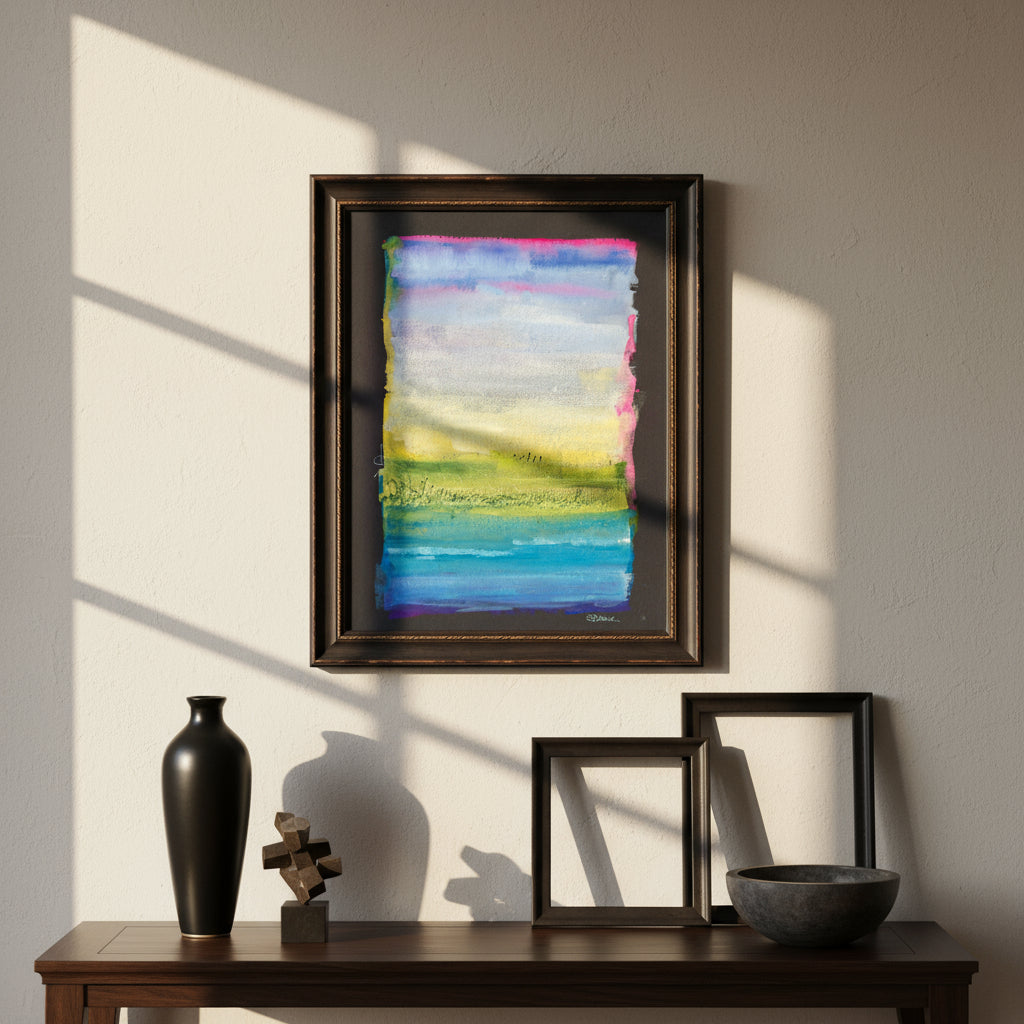 Abstract watercolor painting with horizontal stripes of blue, green, yellow, and pink on a white background.