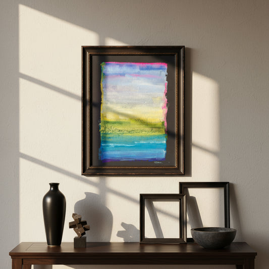 Abstract watercolor painting with horizontal stripes of blue, green, yellow, and pink on a white background.