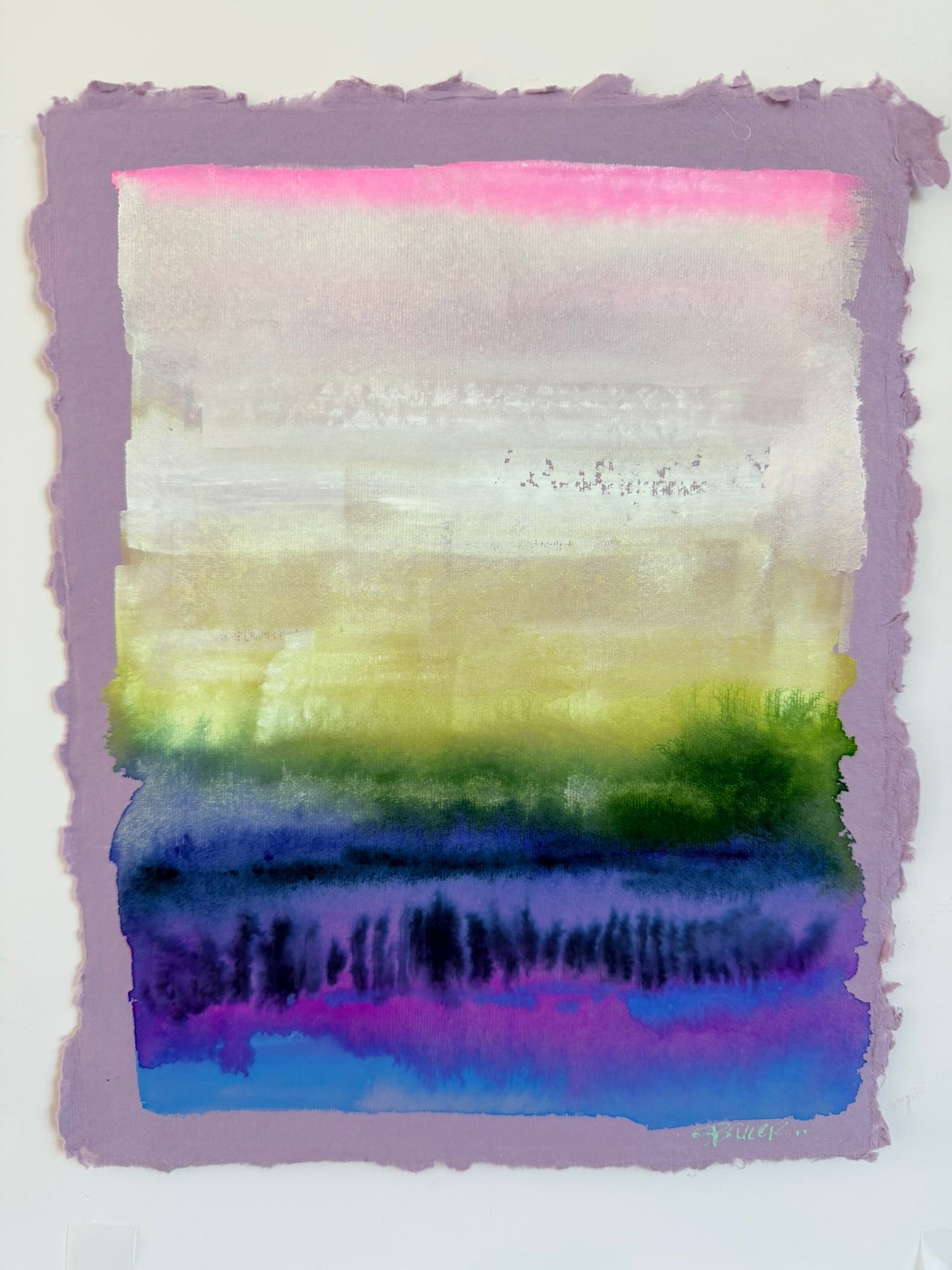 abstract landscape painting on handmade lilac paper with deckle edges
