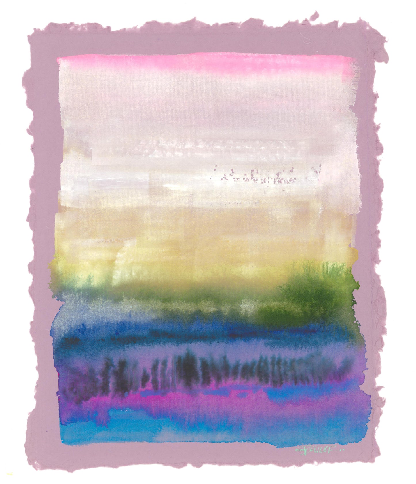 Colorful abstract landscape watercolor painting on lilac paper