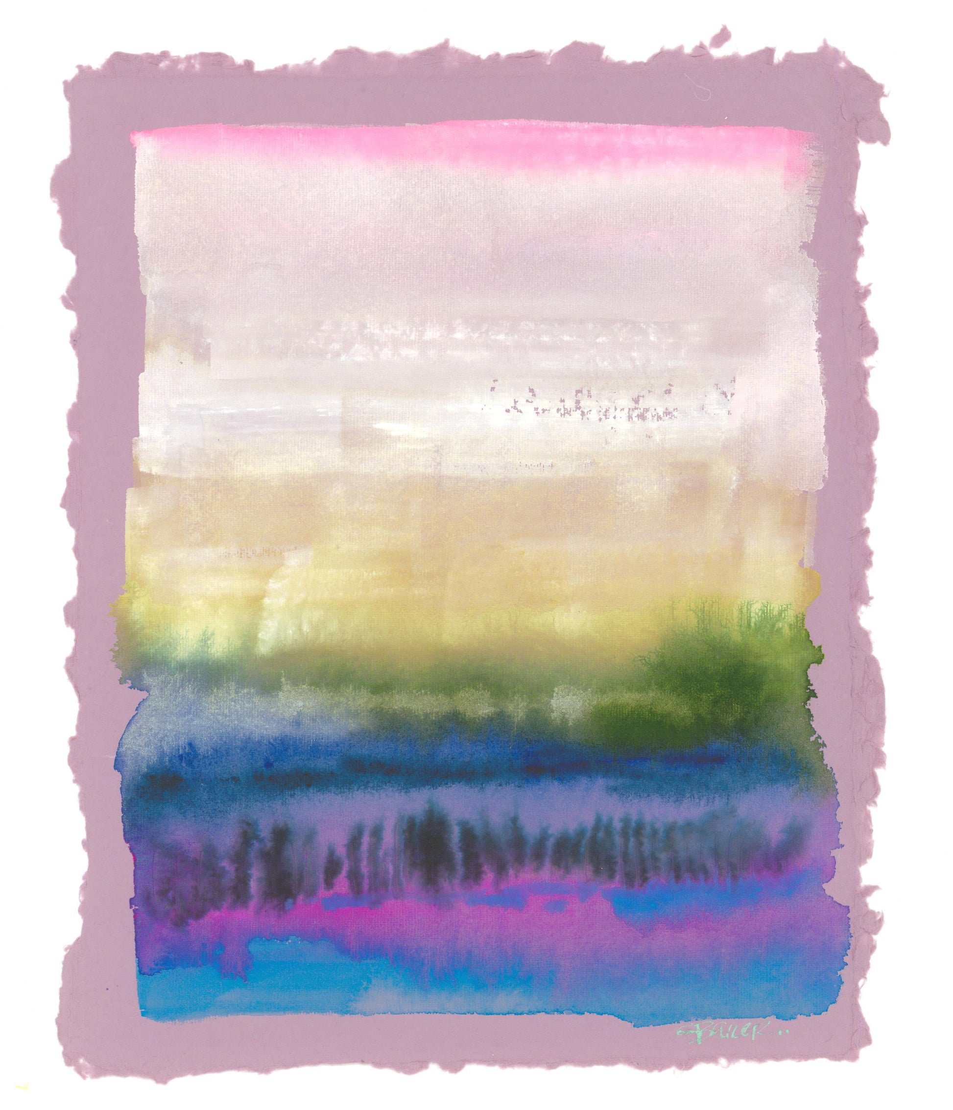 Colorful abstract landscape watercolor painting on lilac paper