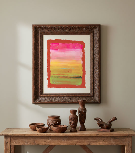 Colorful abstract painting on red paper