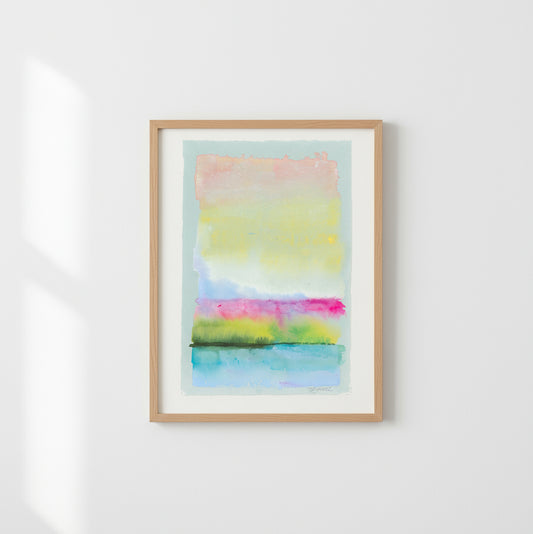 Abstract  seascape watercolor painting with pastel colors on a light blue background