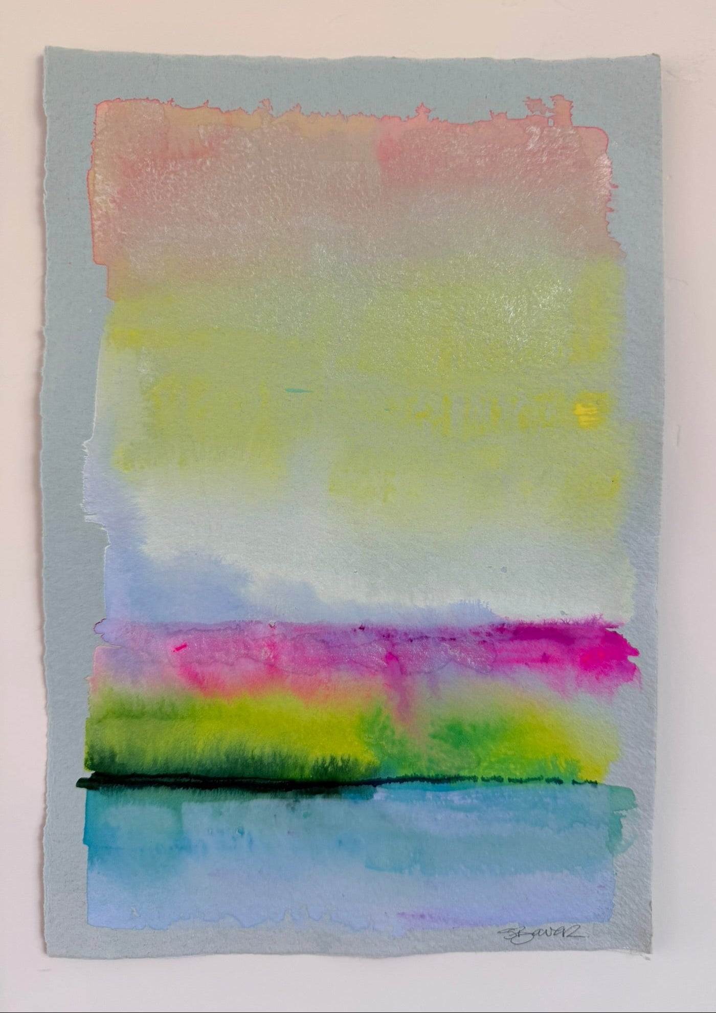 Abstract seascape watercolor painting with horizontal stripes of pink, yellow, green, and blue on a light gray background.
