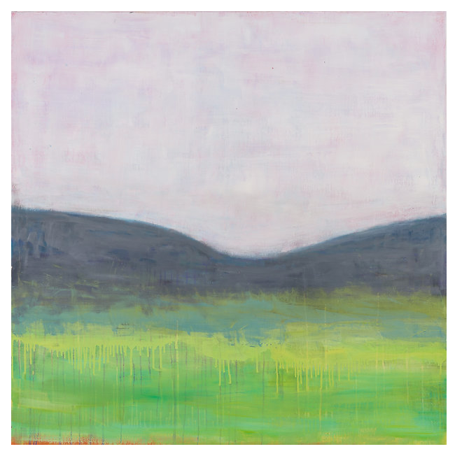 Abstract landscape painting with green fields and gray hills and pale pink sky