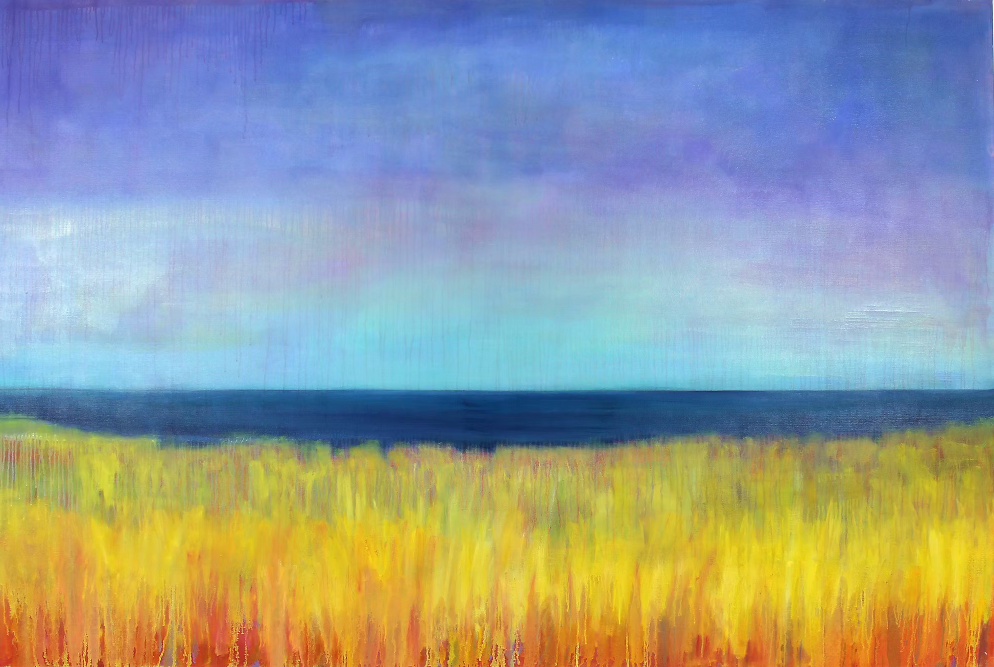 Painting of a landscape with yellow grass and a blue sky.