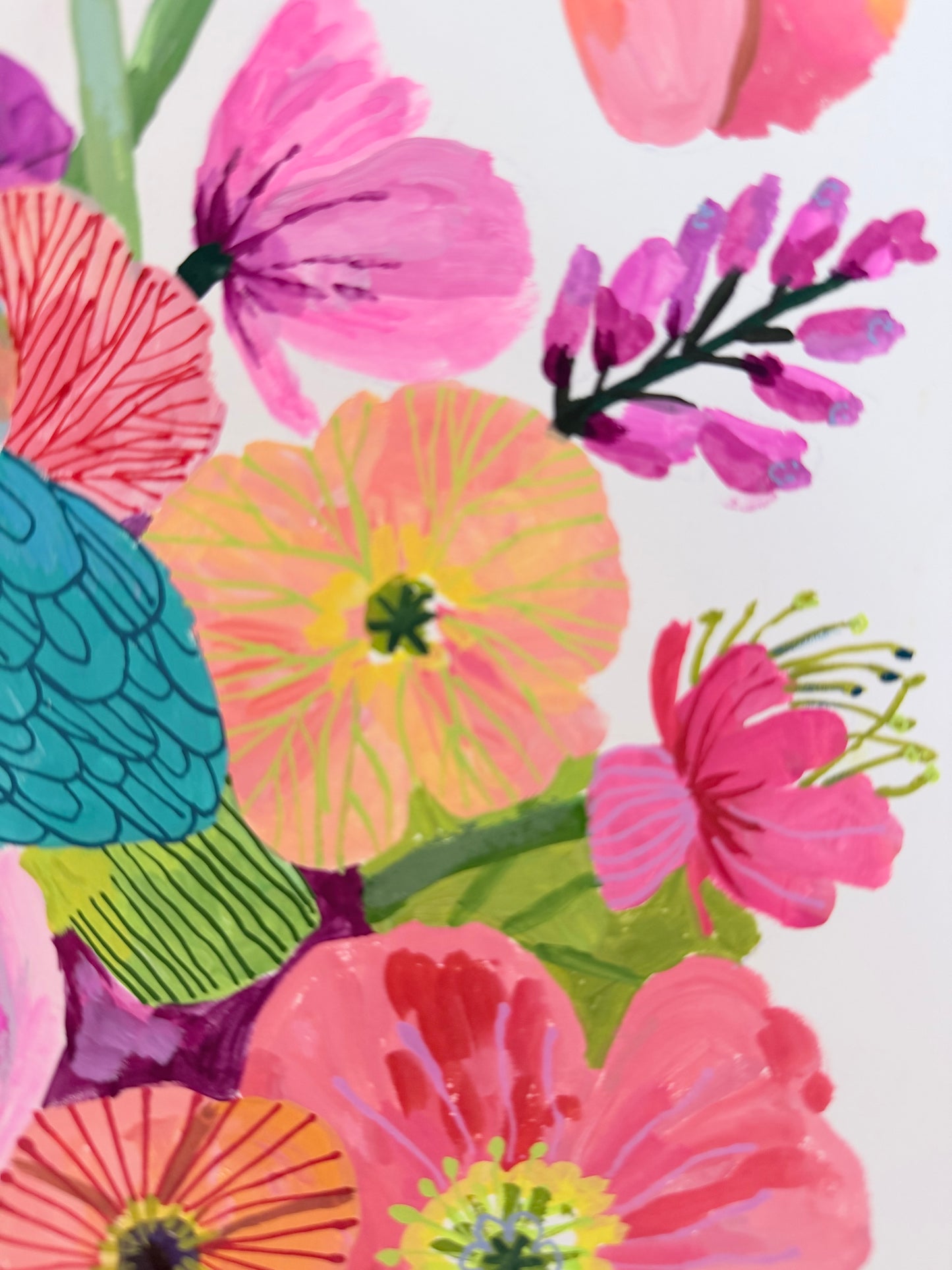 Colorful floral pattern with pink, orange, and green flowers on a white background