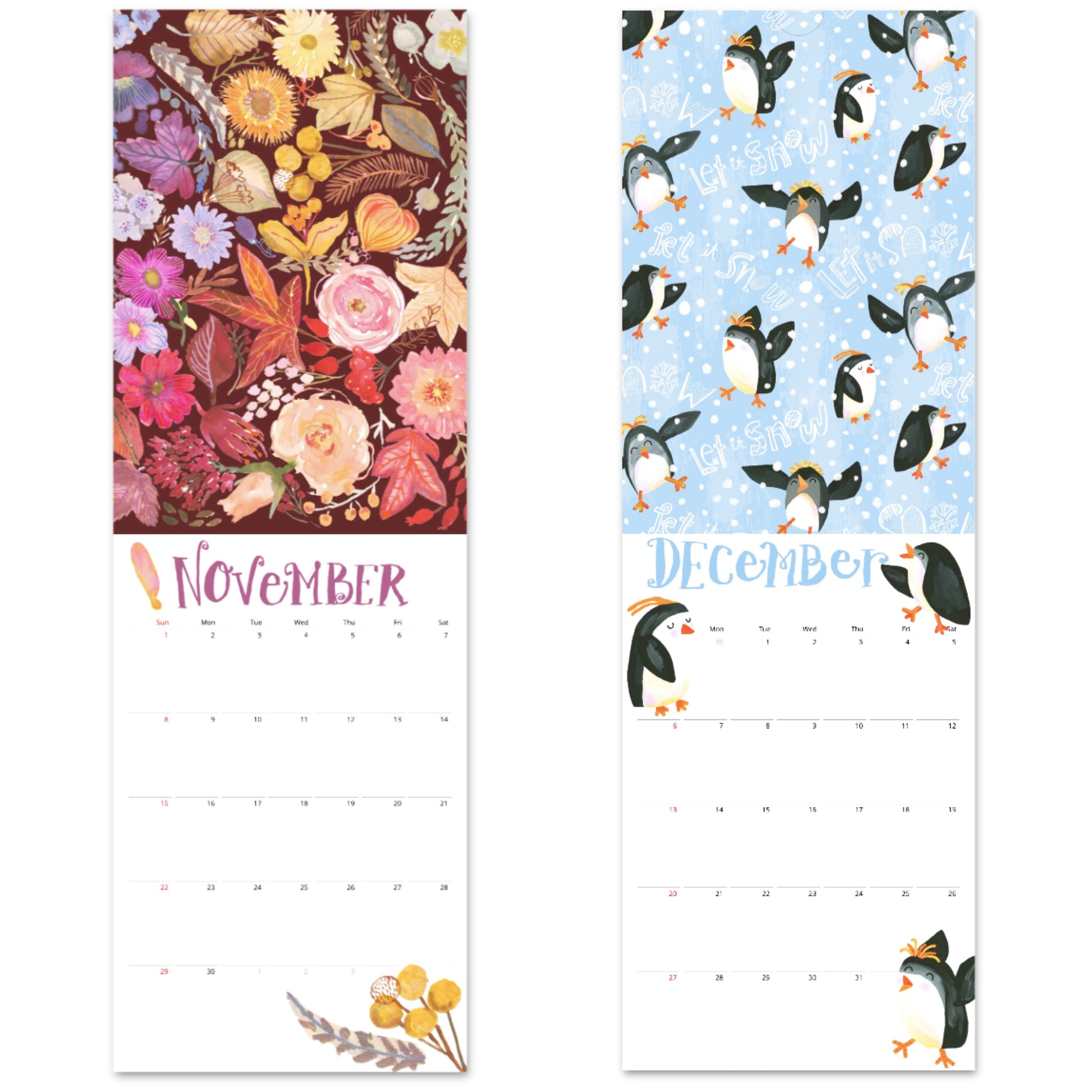 two calendar pages with fall leaves and penguins playing in the snow