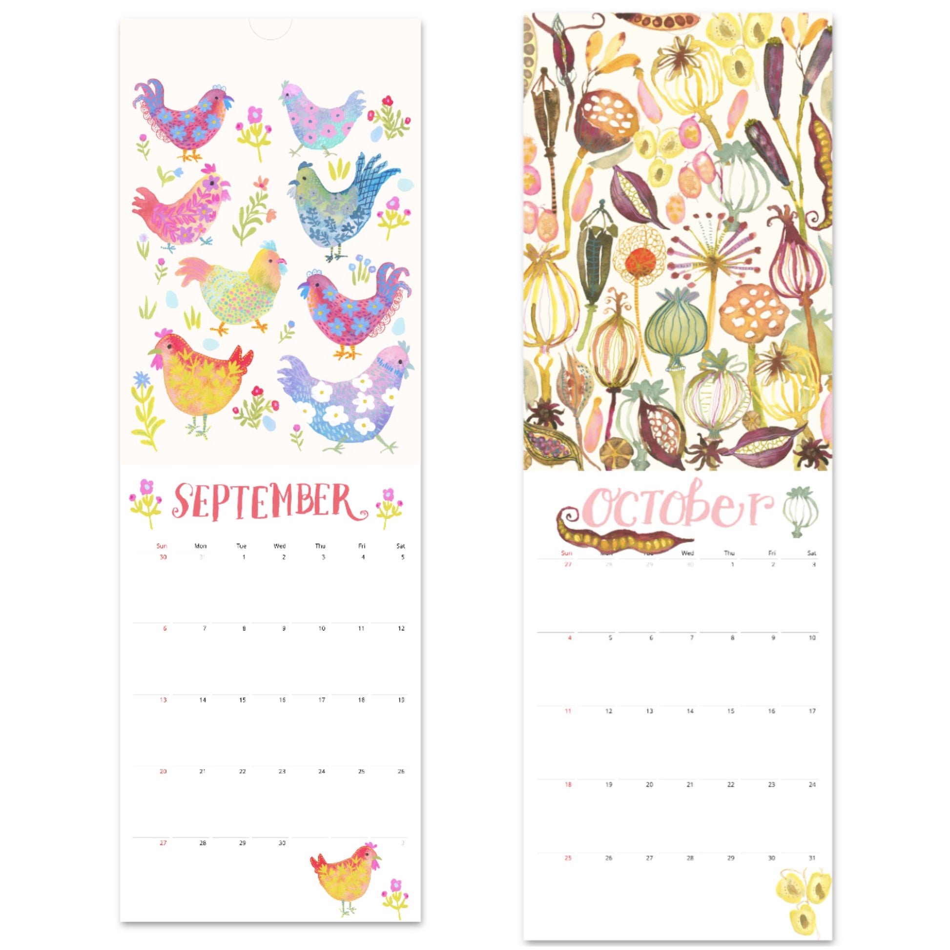 2026 Long Skinny Calendar  with hand-painted animal illustrations by Stephanie Bauer