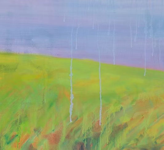 Detail of painting of a landscape with green fields and purple sky