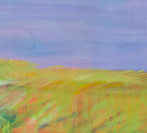 detail of Abstract landscpae painting with grasses in green, orange, and blue.