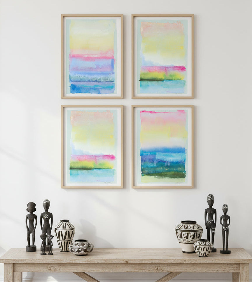 Four abstract seascape watercolor paintings with colorful horizontal stripes on a white background